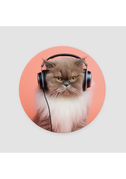 Müzik Tutkunu Kedi Tasarımlı Yuvarlak Bardak Altlığı