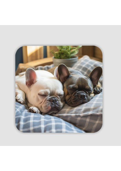 Uyuyan Buldog Köpekler Tasarımlı Kare Bardak Altlığı