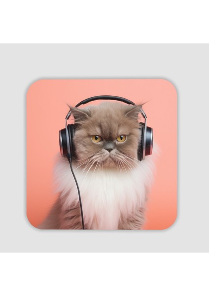 Müzik Tutkunu Kedi Tasarımlı Kare Bardak Altlığı