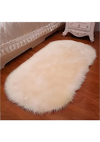 Effe Home Kuzu Post Halı Peluş Oval Premium Dolgun Tüylü Peluş Krem Ekru Taş Renk-Oval-Elips Elips Elipsoval