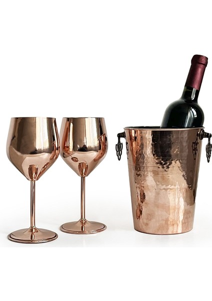 Adalı Bakır Buz Kovası Kadehli Set