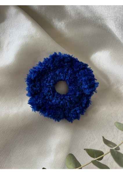 Peluş Tüylü Saks Mavi Scrunchie Simit Topuz Toka