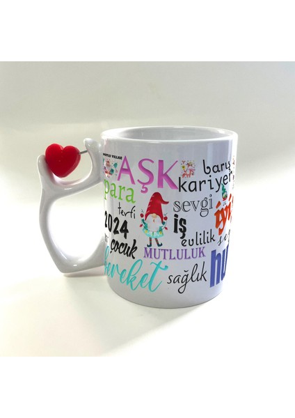 Dilekler Baskılı Dönen Kalp Figürlü Yılbaşı Kupası