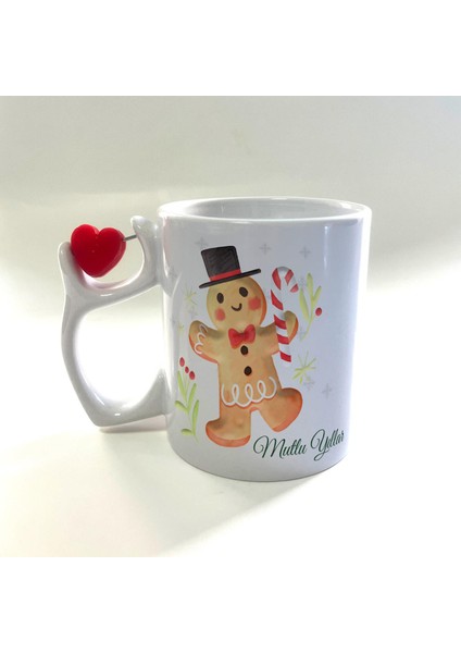 Mutlu Yıllar Kurabiye Adam Baskılı Dönen Kalp Figürlü Yılbaşı Kupası