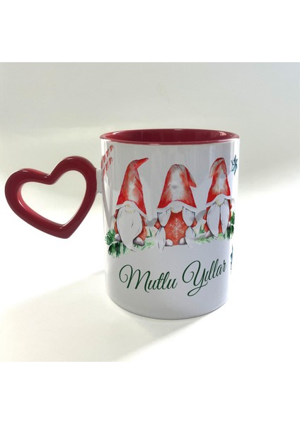 Mutlu Yıllar 3 Noel Baba Baskılı Boş Kalp Kulplu Içi Kırmızı Yılbaşı Kupası