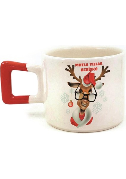 Mutlu Yıllar Bebişko Baskılı Kırmızı Kulplı Kare Yılbaşı Kupası