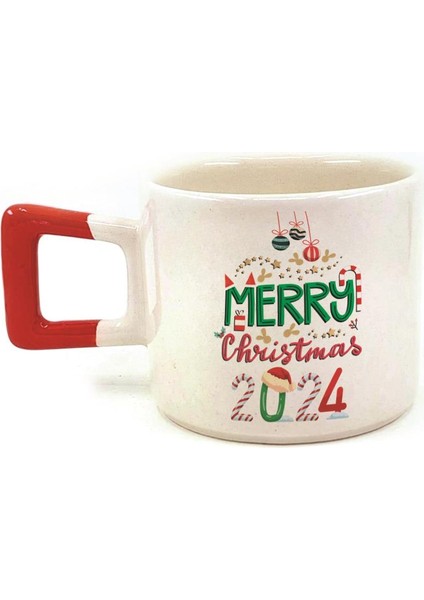 Merry Christmas 2024 Baskılı Kırmızı Kulplu Kare Yılbaşı Kupası