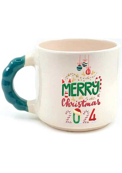 Merry Christmas 2024 Baskılı Yeşil Kulplu Boncuk Yılbaşı Kupası