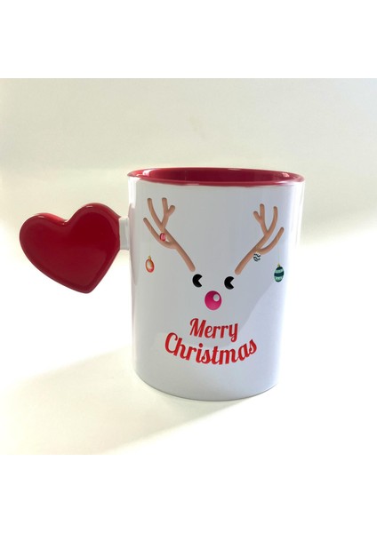 Merry Christmas Geyik Baskılı Dolu Kalp Kulplu Içi Kırmızı Yılbaşı Kupası
