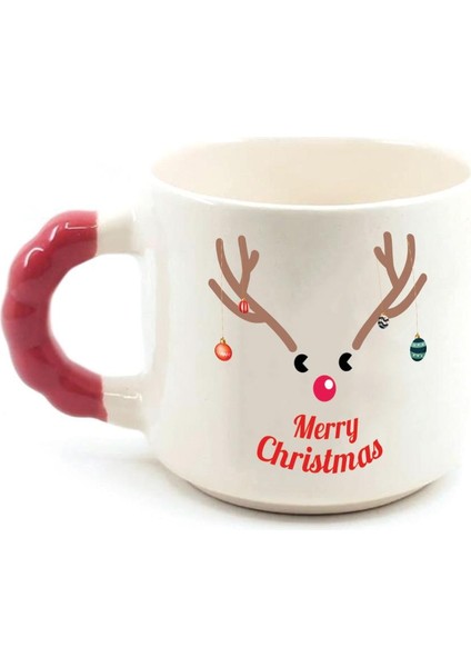 Merry Christmas Geyik Baskılı Kırmızı Kulplu Boncuk Yılbaşı Kupası