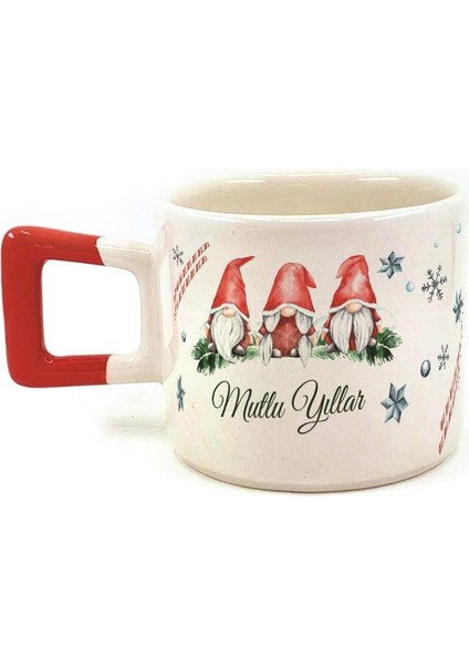 Mutlu Yıllar 3 Noel Baba Baskılı Kırmızı Kulplu Kare Yılbaşı Kupası