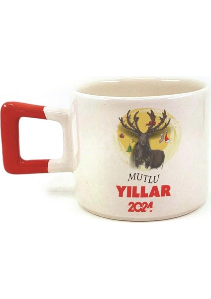Mutlu Yıllar 2024 Geyik Baskılı Kırmızı Kulplu Kare Yılbaşı Kupası