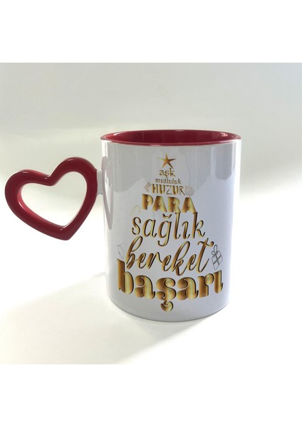 Dilek Ağacım Baskılı Boş Kalp Kulplu Içi Kırmızı Yılbaşı Kupası