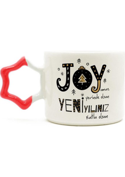 Joyumuz Yerinde Olsun Baskılı Kırmızı Kulplu Yıldız Yılbaşı Kupası