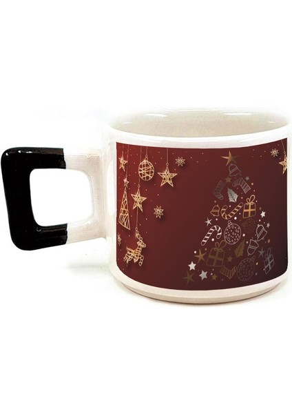 Çam Ağacı Süsleri Baskılı Siyah Kulplu Kare Yılbaşı Kupası