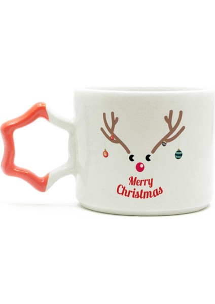 Merry Christmas Geyik Baskılı Turuncu Kulplu Yıldız Yılbaşı Kupası