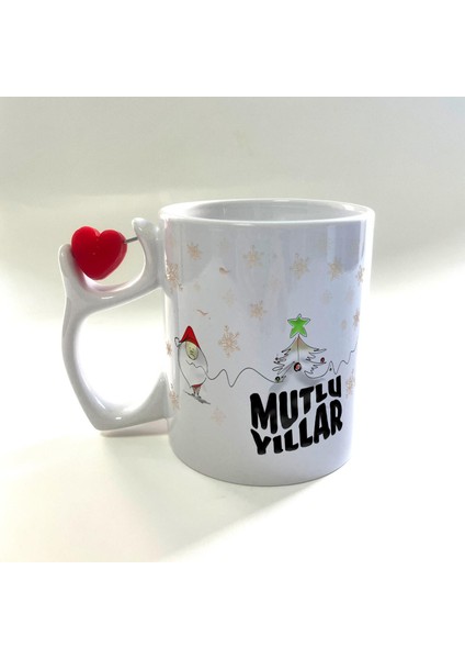 Mutlu Yıllar Kar Taneleri Baskılı Dönen Kalp Figürlü Yılbaşı Kupası