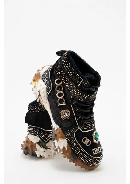 Özel Tasarım Taşlı Kadın Camel-Siyah Spor Sneaker