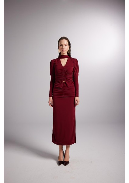 Çift Yırtmaçlı Maxi Serre Etek Bordo fırsatları