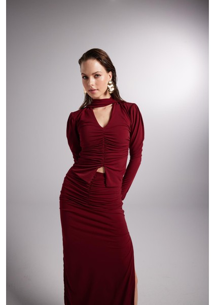 Şal Yaka Detaylı Serre Bluz Bordo indirimleri