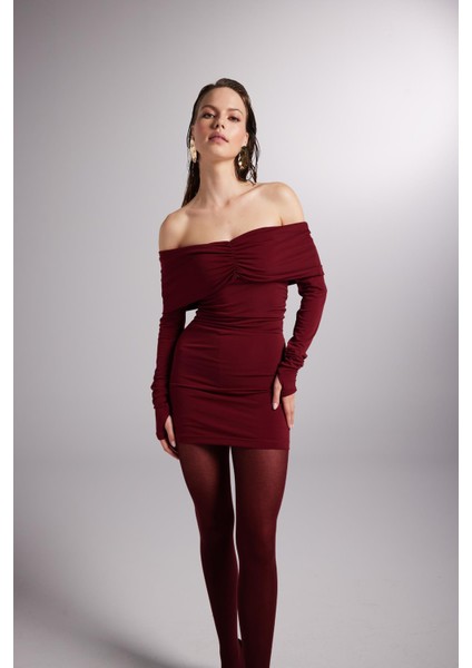 Madonna Yaka Bodycon Mini Elbise Abiye Gece İçin Bordo Renk fırsatları