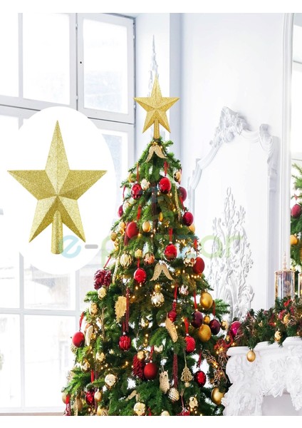 20 cm Gold Dore Simli Işıltılı Noel Christmas Yılbaşı Ağaç Konsept Süsleme Tepe Yıldızı