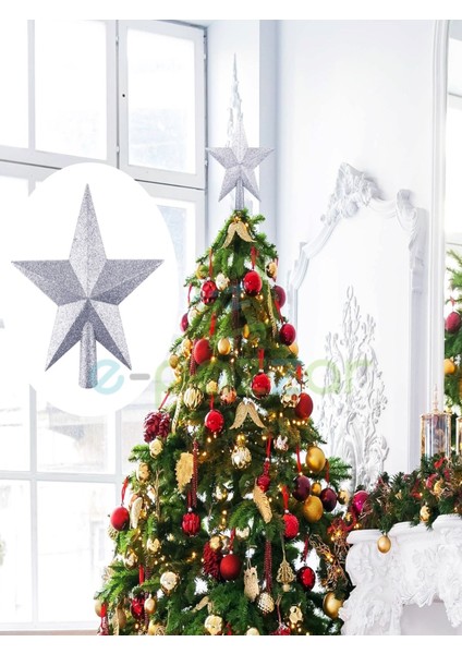 20 cm Gümüş Lame Simli Işıltılı Noel Christmas Yılbaşı Ağaç Konsept Süsleme Tepe Yıldızı