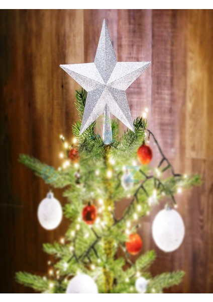 20 cm Gümüş Lame Simli Işıltılı Noel Christmas Yılbaşı Ağaç Konsept Süsleme Tepe Yıldızı