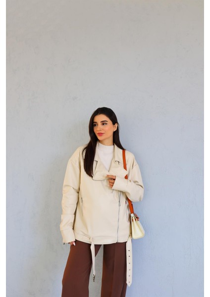 Oversize Krem Deri Ceket