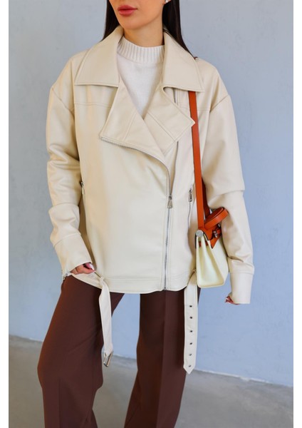 Oversize Krem Deri Ceket