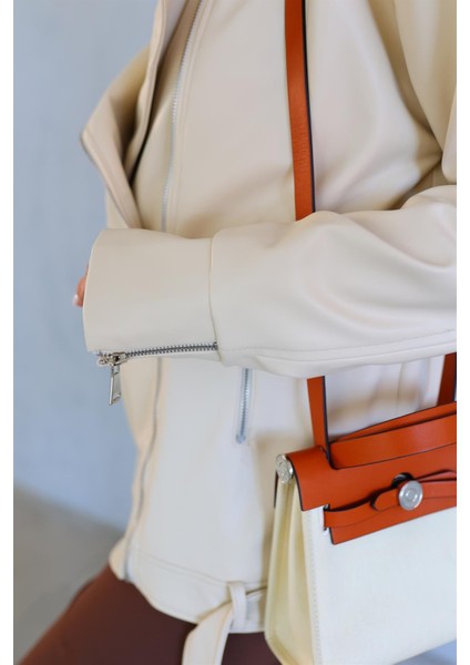 Oversize Krem Deri Ceket