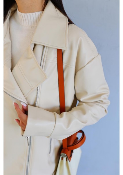 Oversize Krem Deri Ceket
