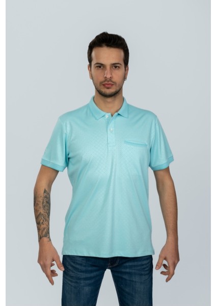 Mint Yeşili Renk - Polo Yaka - Desenli - Cepli - T-Shırt