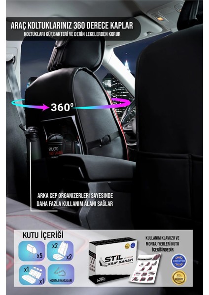 toyota Auris Uyumlu Lüks Deri Oto Koltuk Kılıfı Ön/arka Set (Asya Seri) Siyah-Kırmızı