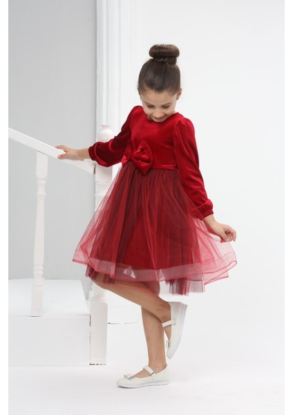 Kırmızı Kadife Kız Çocuk Elbisesi Pileli Tül Etekli İlkbahar & Kış Yılbaşı