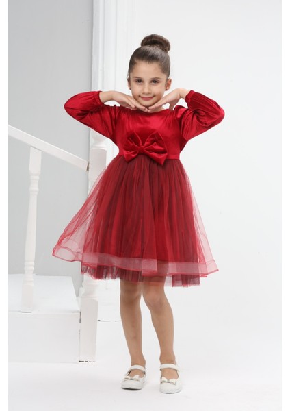 Kırmızı Kadife Kız Çocuk Elbisesi Pileli Tül Etekli İlkbahar & Kış Yılbaşı fiyatları