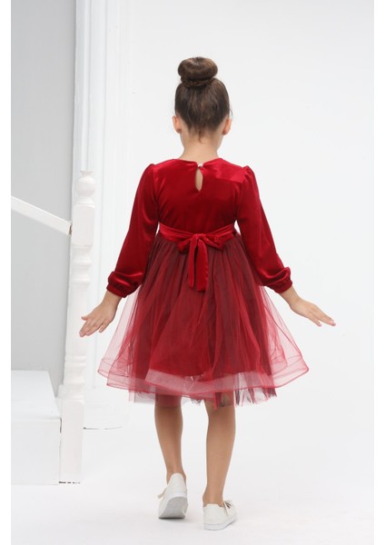 Kırmızı Kadife Kız Çocuk Elbisesi Pileli Tül Etekli İlkbahar & Kış Yılbaşı indirimleri