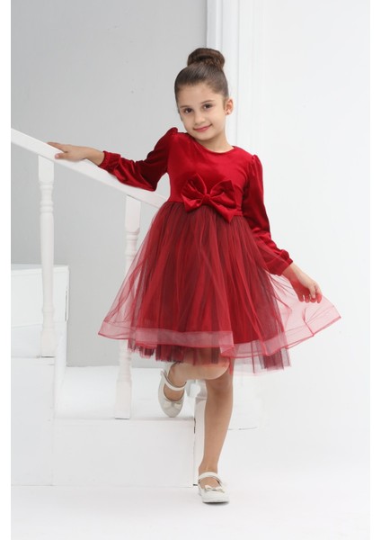 Kırmızı Kadife Kız Çocuk Elbisesi Pileli Tül Etekli İlkbahar & Kış Yılbaşı modelleri