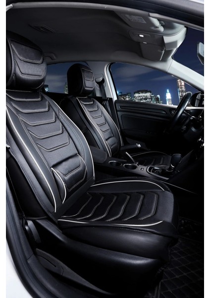 renault Megane 1 Uyumlu Lüks Deri Oto Koltuk Kılıfı Ön/arka Set (Asya Seri) Siyah-Beyaz