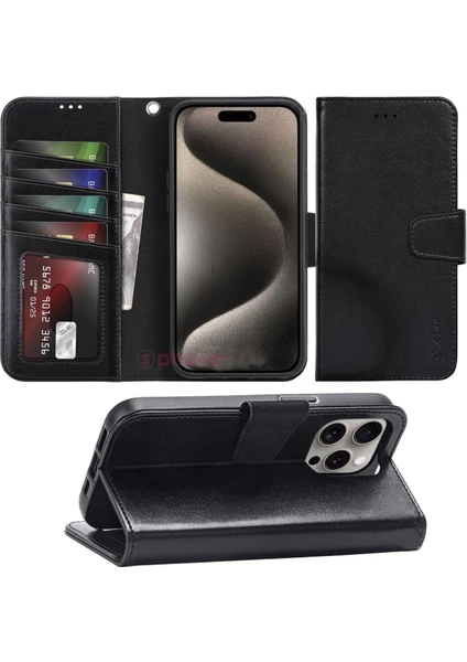 Apple iPhone 15 Pro Max Kılıf Wallet Kartvizitlik Cüzdan Kapaklı Magnet Kopçalı Stand 360 Koruma Deri Doku