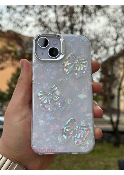 Apple iPhone 15 Kılıf Hologramlı Renkli Kalp Kurdele 3D Kabartmalı Ayıcık Kabartmalı Emoji Kristal Şeffaf