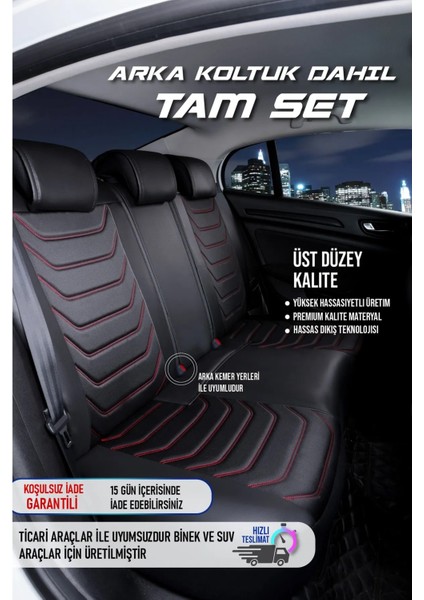 seat Toledo Uyumlu Lüks Deri Oto Koltuk Kılıfı Ön/arka Set (Asya Seri) Siyah-Kırmızı