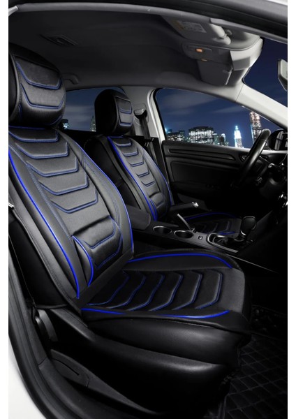 renault Clio 2 Hb Uyumlu Lüks Deri Oto Koltuk Kılıfı Ön/arka Set (Asya Seri) Siyah-Mavi
