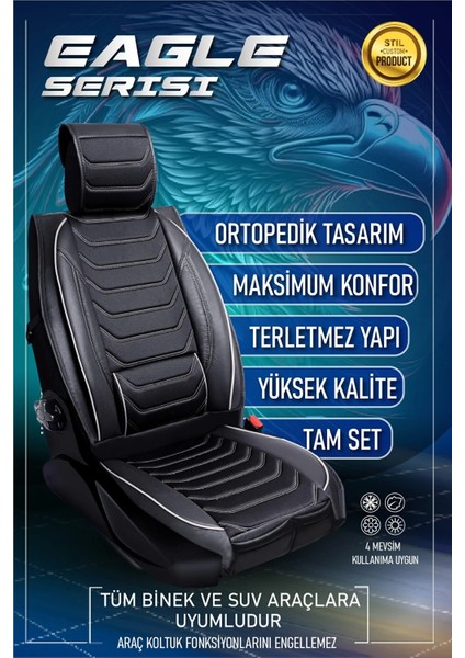 Fiat Egea Cross Uyumlu Lüks Deri Oto Koltuk Kılıfı Ön/arka Set (Asya Seri) Siyah-Beyaz