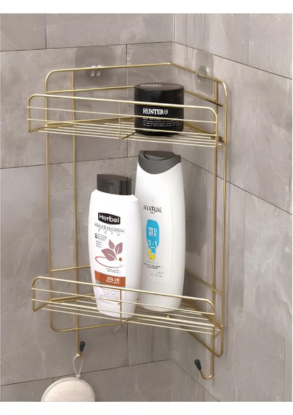 Paslanmaz Banyo Rafı Şampuanlık Duş Rafı Banyo Düzenleyici Banyo Köşe Rafı Yapışkanlı Şampuan Rafı Gold