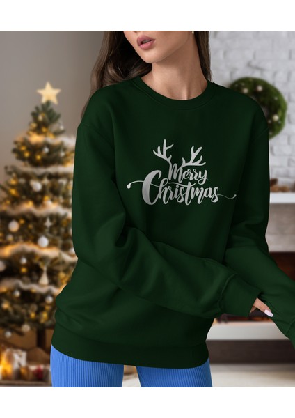 Kadın Yeşil Oversıze Içi Geyik Ve Merry Chrıstmas Temalı Sweatshırt