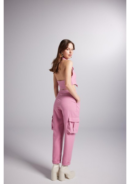 Yüksek Bel Çizgili Kargo Cep Kira Pantolon Pembe
