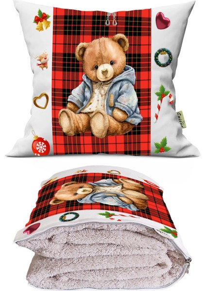 Yılbaşı Özel Seri Sevimli Ayıcık Teddy Bear Baskılı Dekoratif Yastık Kırlent Opsiyonel Battaniye 2 In 1