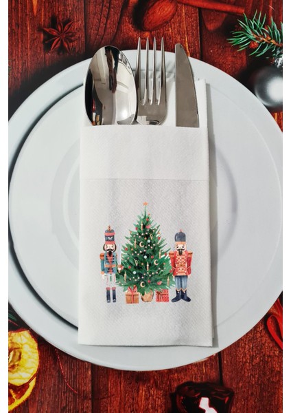Kumaş Dokulu Yılbaşı Ağacı ve Kurşun Askerler Tasarımlı Yılbaşı Masası Sunum Peçetesi