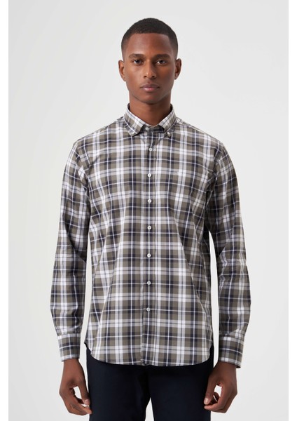 Regular Fit Paşa Yaka Haki Ekoseli Erkek Gömlek GM23K232011_D49
